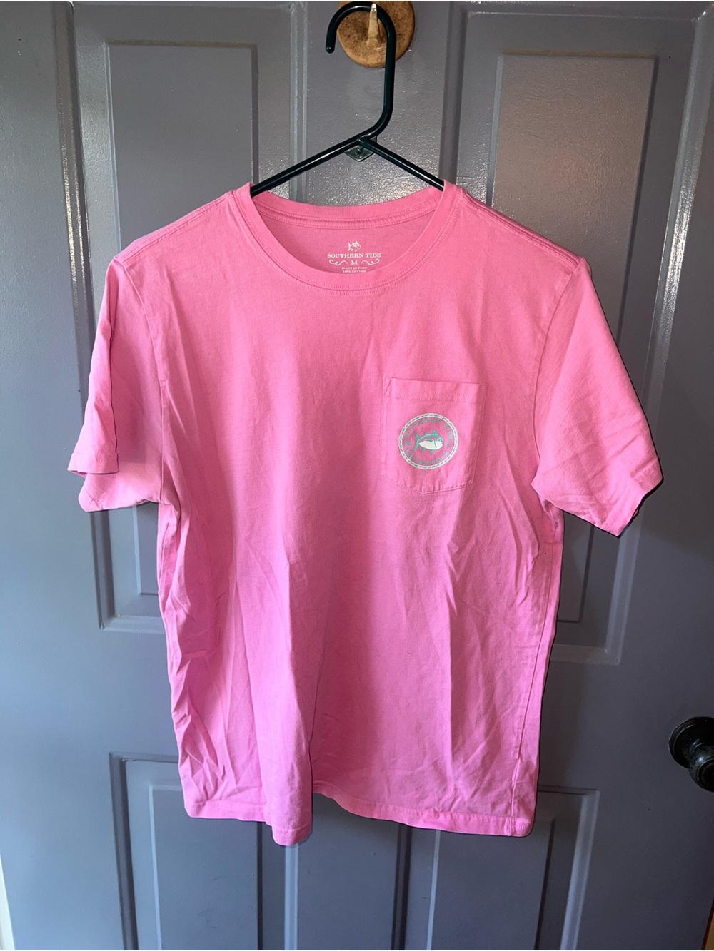 Southern Tide Kids Pink Pocket Tee with Fish Emblem